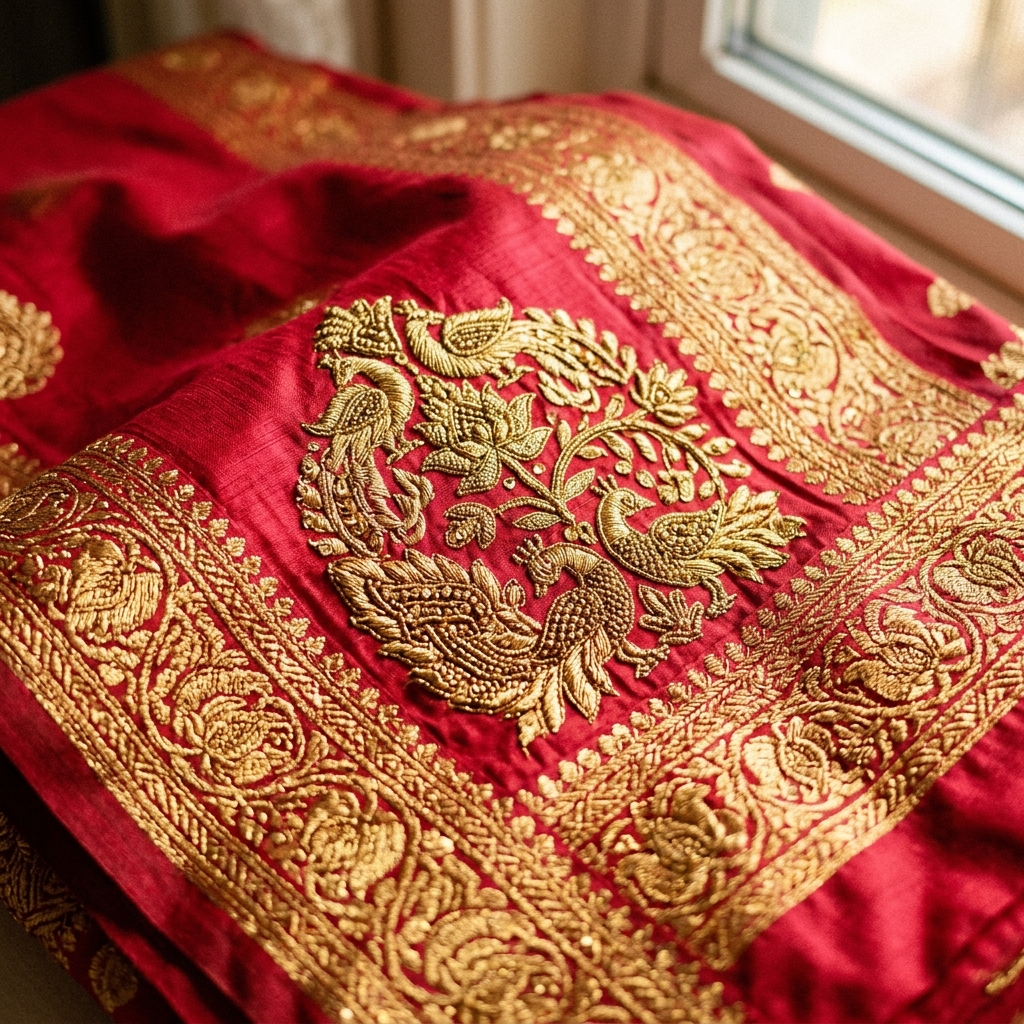 Handpicked Kanjivaram saree in rich jewel tones from Mrudula Vastra